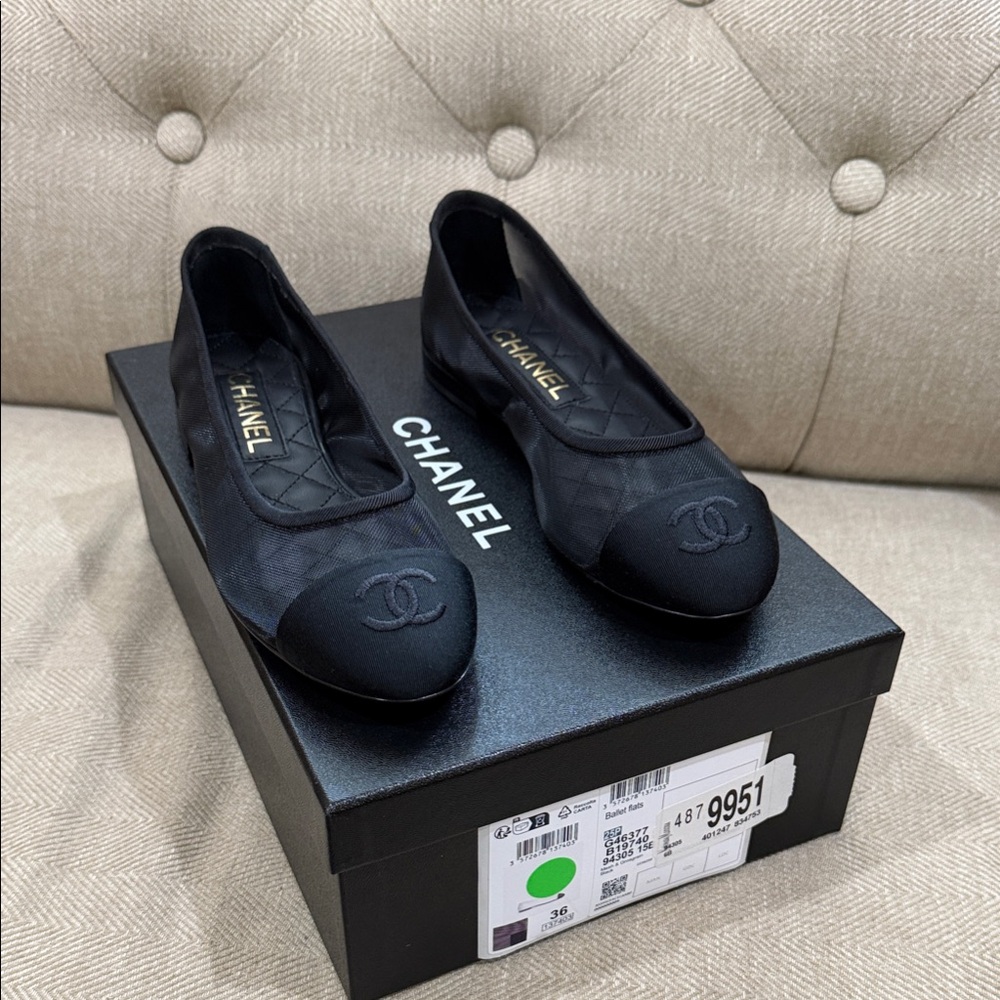 CHANEL Black Mesh Flats with Logo